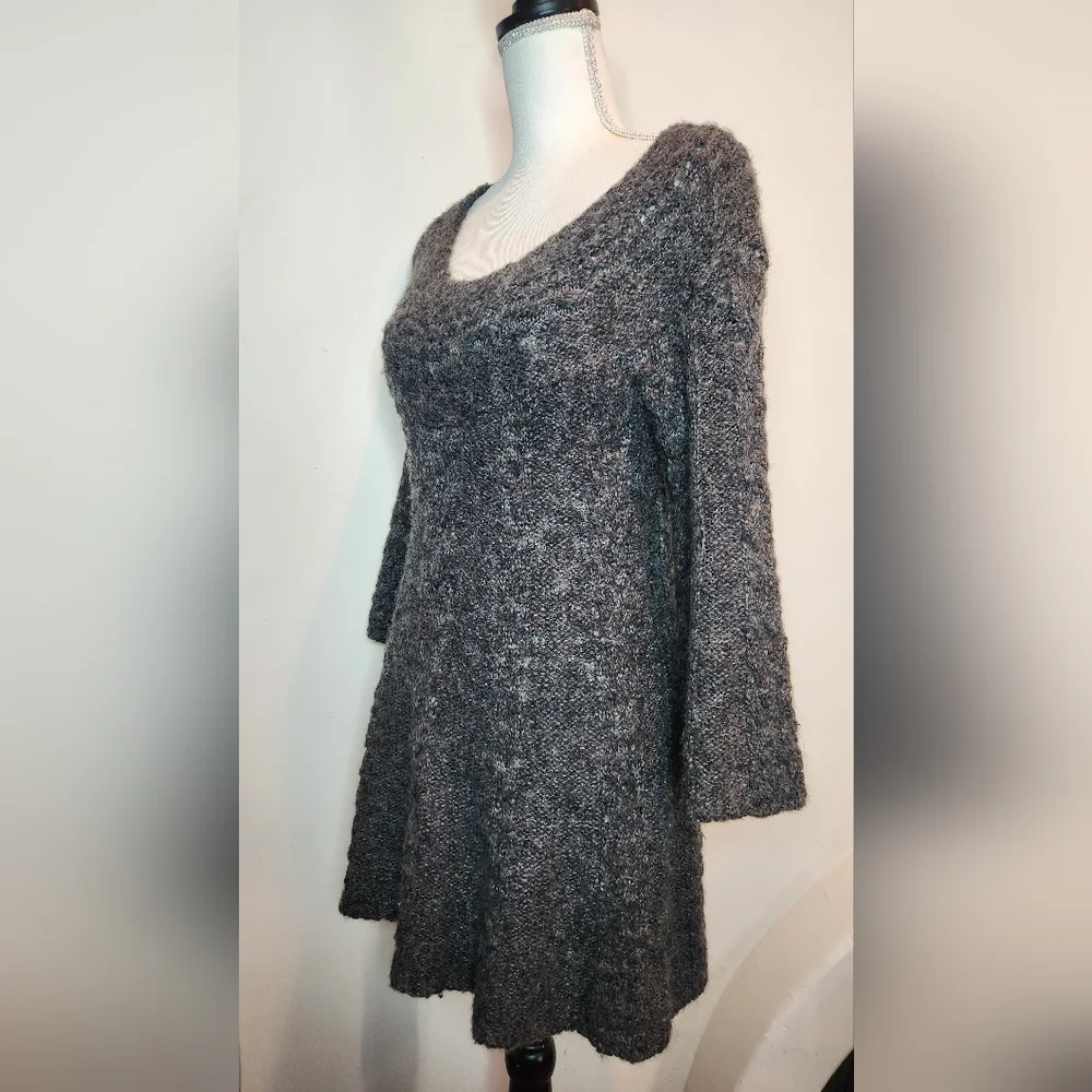Free People Wool Chunky Cable Knit Gray Bell Sleeve Winter Mini Dress | Small - Picture 3 of 9